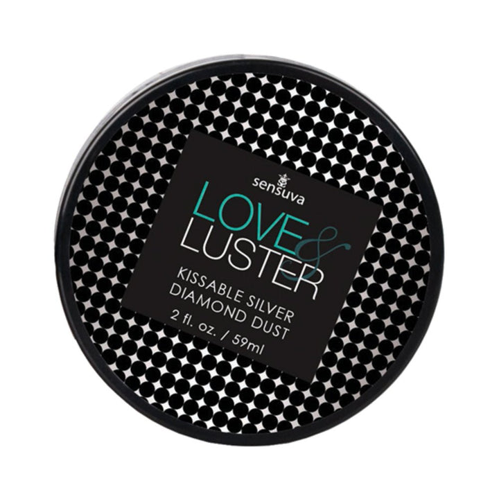 Sensuva Love & Luster Kissable Silver Diamond Dust in a 2 fl. oz. black container with polka dot design.