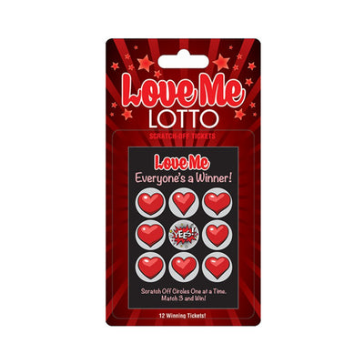 Love Me Lotto scratch-off ticket pack with red heart icons and playful winning message on vibrant red background.