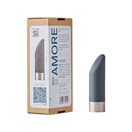 Grey Love Not War Amore Head attachment with angled tip next to its eco-friendly cardboard packaging box