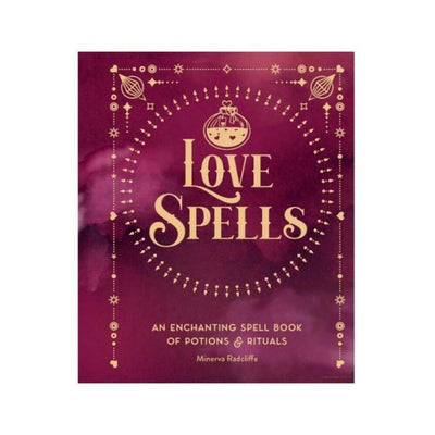 Cover of Love Spells book with gold decorative symbols on a deep purple background by Minerva Radcliffe