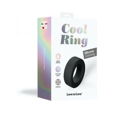 Packaging of Love To Love Cool Ring Noir silicone cockring with soft touch and stretchy features shown on white background.