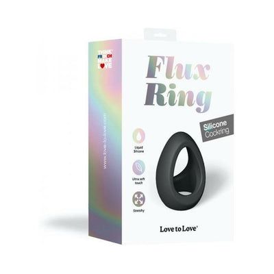 Packaging of Love To Love Flux Ring double silicone cockring in black with product features highlighted