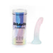 Curved pastel unicorn-colored dildo with suction base next to iridescent cylindrical packaging labeled Dildolls Galactica.