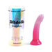 Pink and purple gradient silicone dildo with multicolor star glitter and suction base next to its pastel gradient packaging tube.