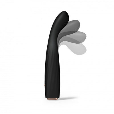 Black ergonomic silicone vibrator with flexible curved head shown in multiple positions for G-spot stimulation.