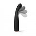 Black ergonomic silicone vibrator with flexible curved head shown in multiple positions for G-spot stimulation.