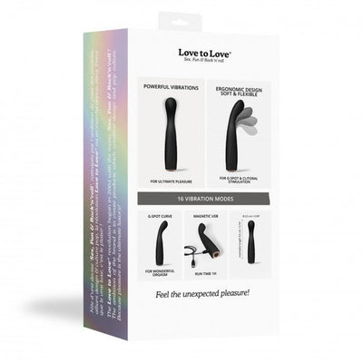 Packaging of Love To Love Feel Me Noir vibrator highlighting powerful vibrations, ergonomic design, 16 vibration modes, G-spot curve, and magnetic USB charging.