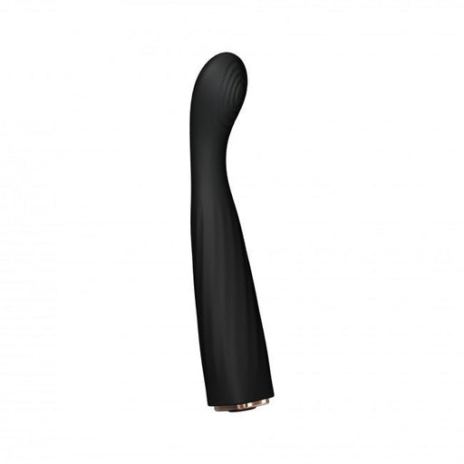 Sleek black silicone vibrator with curved ergonomic head designed for targeted G-spot stimulation.