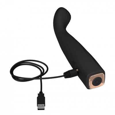 Black ergonomic silicone vibrator with curved head, USB charging cable connected, and power button on base.