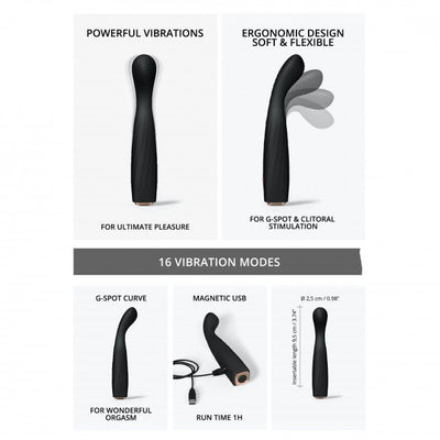 Black ergonomic vibrator with flexible head, 16 vibration modes, magnetic USB charging, and G-spot curve design for targeted stimulation.