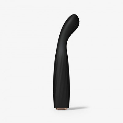 Sleek black silicone G-spot vibrator with ergonomic curved head and textured tip for targeted stimulation.