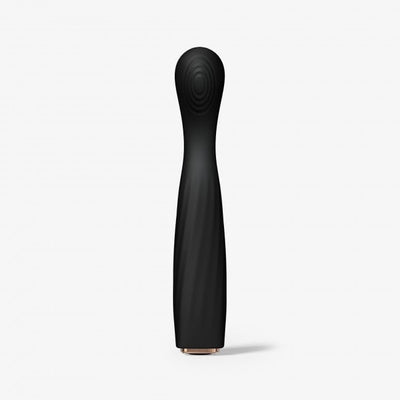 Sleek black silicone vibrator with ergonomic curved head and textured surface for targeted G-spot stimulation.