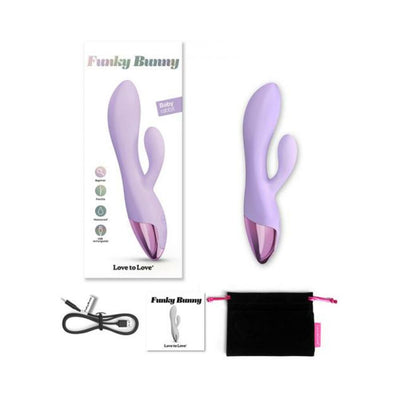 Lavender Love To Love Funky Bunny Baby Rabbit vibrator with USB charger, instruction manual, and black storage pouch.