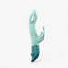 Mint green and teal ergonomic rabbit vibrator with dual motors and flexible design for targeted pleasure.