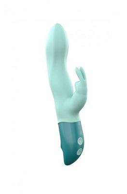 Mint green ergonomic rabbit vibrator with dual motors and flexible clitoral stimulator, featuring control buttons on the handle.