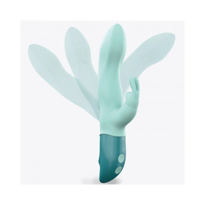 Mint green ergonomic rabbit vibrator with flexible shaft and dual motors shown in multiple angled positions.