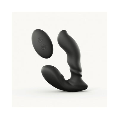 Black ergonomic prostate massager with dual motors and matching remote control.