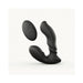 Black ergonomic prostate massager with dual motors and matching remote control.
