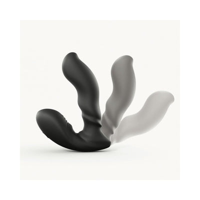 Black ergonomic prostate massager with flexible design shown in multiple positions on a light background.