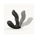 Black ergonomic prostate massager with flexible design shown in multiple positions on a light background.