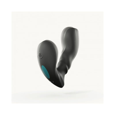 Black ergonomic prostate massager with dual motors and a power button, designed for targeted stimulation.