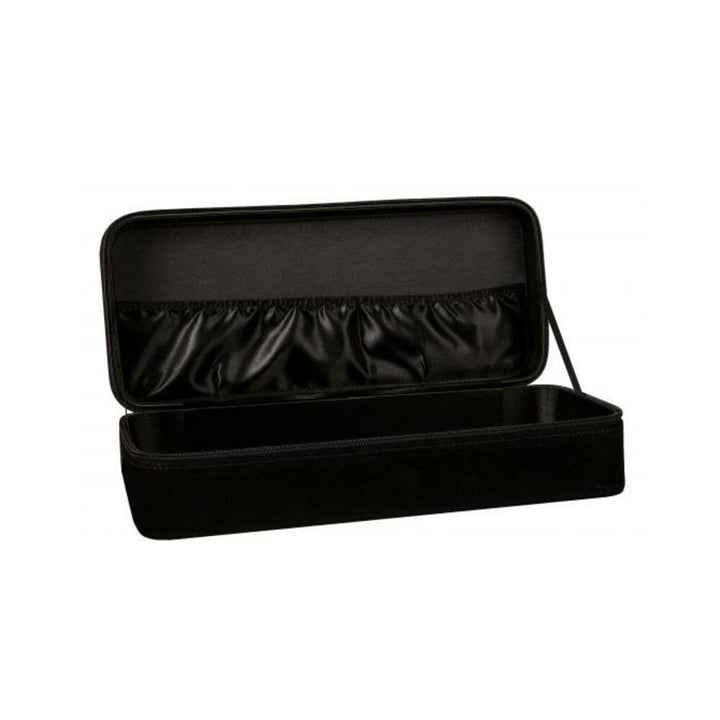 Open black velvet lock box with satin-lined interior and elastic storage pocket inside lid.