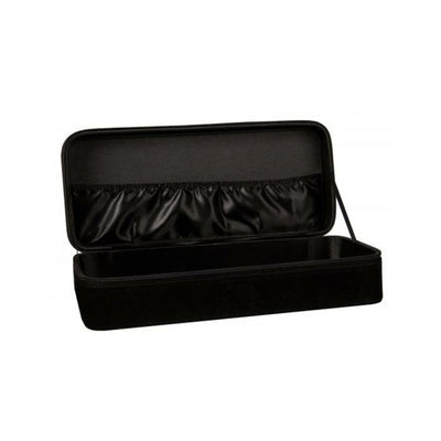 Open black velvet lock box with satin-lined interior and elastic storage pocket inside lid.