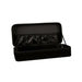 Open black velvet lock box with satin-lined interior and elastic storage pocket inside lid.