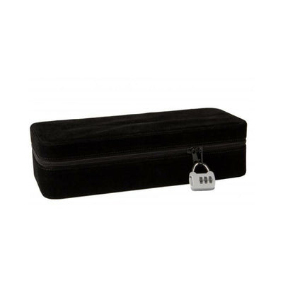 Black velvet rectangular lock box with zipper and silver combination padlock for secure storage.