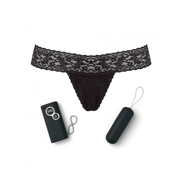 Black lace remote-controlled vibrating panty with compact remote and bullet vibrator accessory.