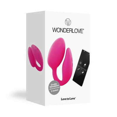 Pink Love to Love Wonder Love dual stimulator with wireless remote control shown on product packaging.