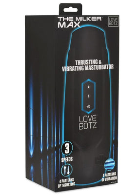 Packaging box of Lovebotz The Milker Max thrusting and vibrating male masturbator with 3 speeds and 4 vibration patterns.