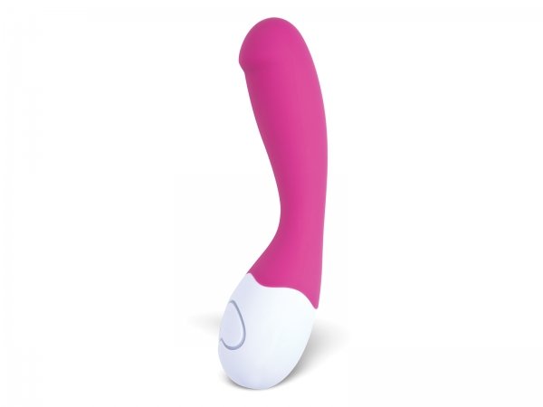 Pink and white Lovelife Cuddle G-spot vibrator with curved tip and ergonomic handle on white background