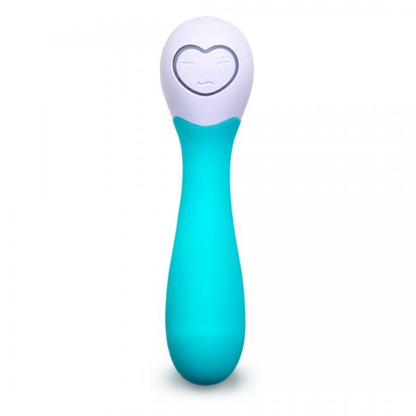 Compact turquoise Lovelife Cuddle Mini G-Spot vibrator with white heart-shaped control panel.