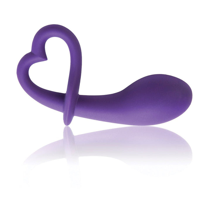 Purple smooth curved plug with bulbous tip and heart-shaped handle on a reflective white surface.