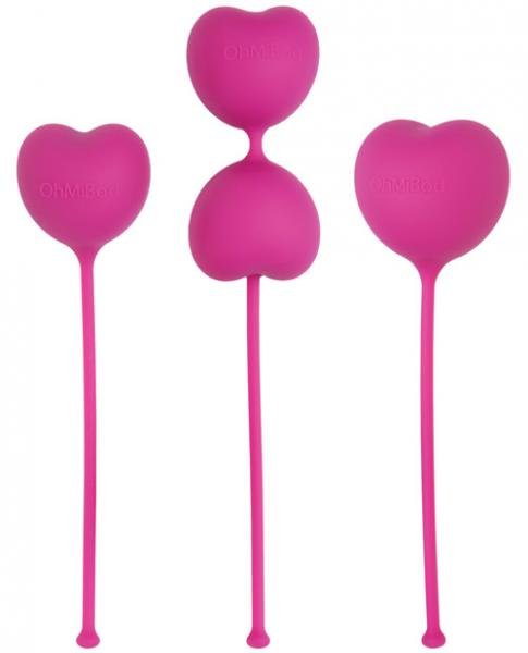 Set of three pink silicone heart-shaped kegel weights with retrieval cords for pelvic floor training.