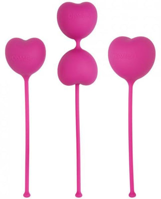 Set of three pink silicone heart-shaped kegel weights with retrieval cords for pelvic floor training.