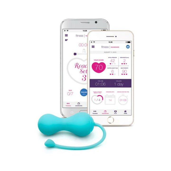 Turquoise Lovelife Krush Kegel exerciser with two smartphones displaying the connected fitness app interface.