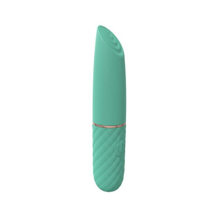Compact green silicone mini-lipstick vibrator with textured grip and angled tip, rechargeable and waterproof design.