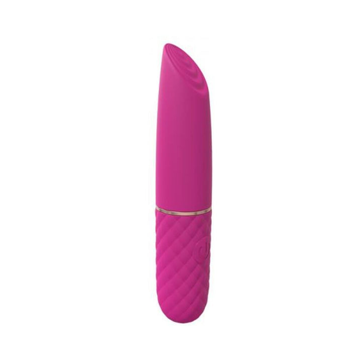 Pink silicone mini lipstick-shaped vibrator with textured grip and curved tip for targeted stimulation.