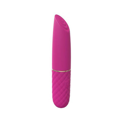 Pink silicone mini lipstick-shaped vibrator with textured grip and curved tip for targeted stimulation.