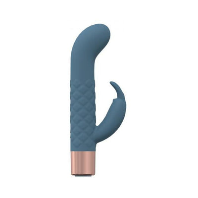 Blue silicone mini-rabbit vibrator with textured shaft and rose gold base, featuring dual stimulation design.