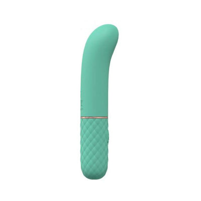 Green silicone mini G-spot vibrator with textured handle and curved tip, sleek and rechargeable design.