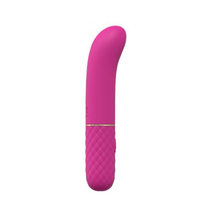 Pink mini vibrator with curved tip and textured grip handle, designed for targeted G-spot stimulation.