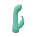 Green silicone dual motor rabbit vibrator with curved shaft and clitoral stimulator.