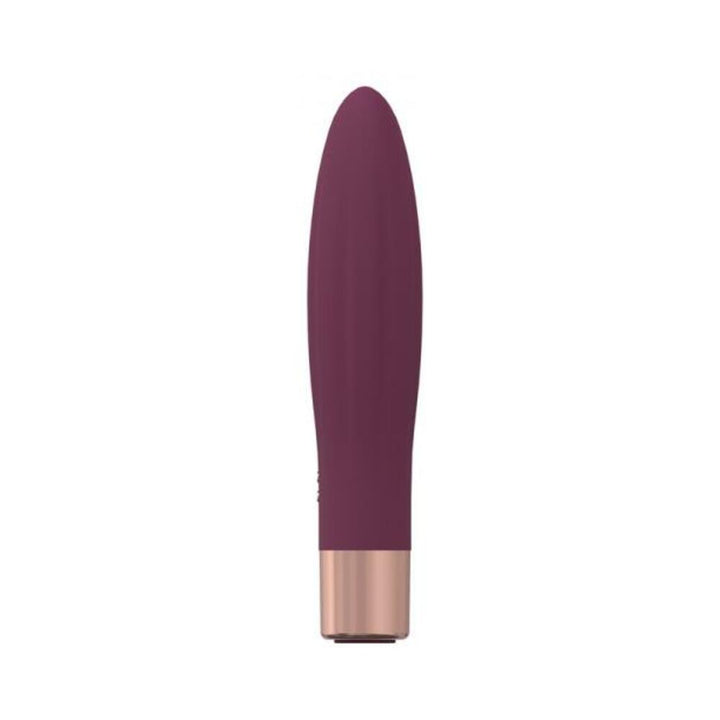 Compact burgundy silicone mini vibrator with rose gold base, sleek and waterproof design.