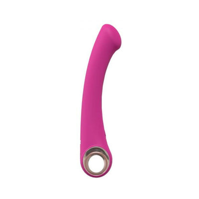 Pink silicone Loveline Luscious G-spot vibrator with curved tip and circular handle, rechargeable and waterproof design.
