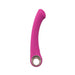 Pink silicone Loveline Luscious G-spot vibrator with curved tip and circular handle, rechargeable and waterproof design.