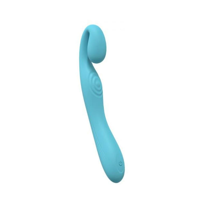 Blue silicone Loveline Obsession dual motor vibrator with curved design and power button.