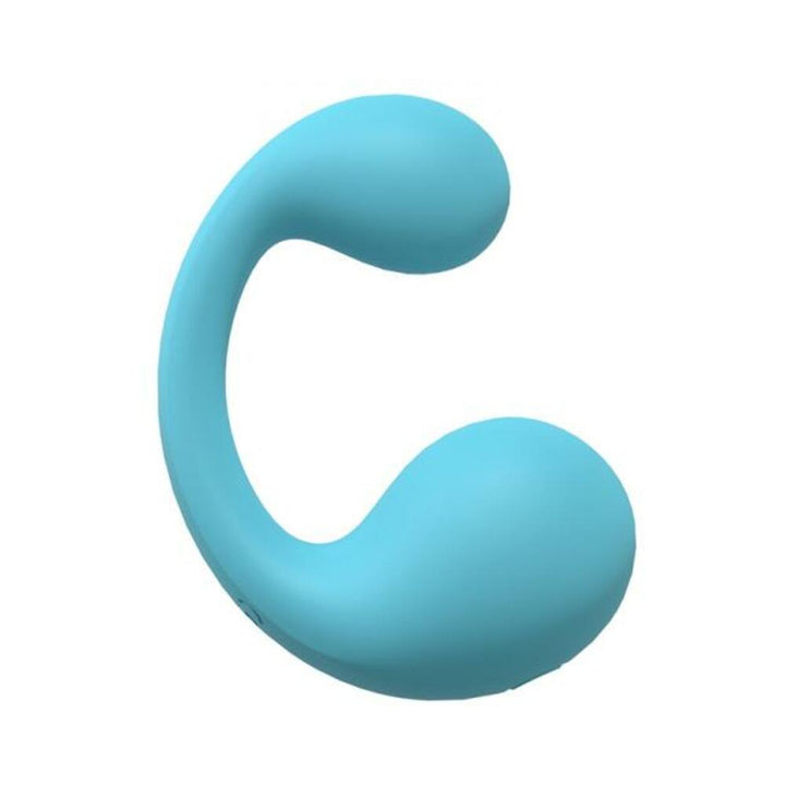 Blue silicone dual motor vibrator with curved design and smooth finish for targeted stimulation.